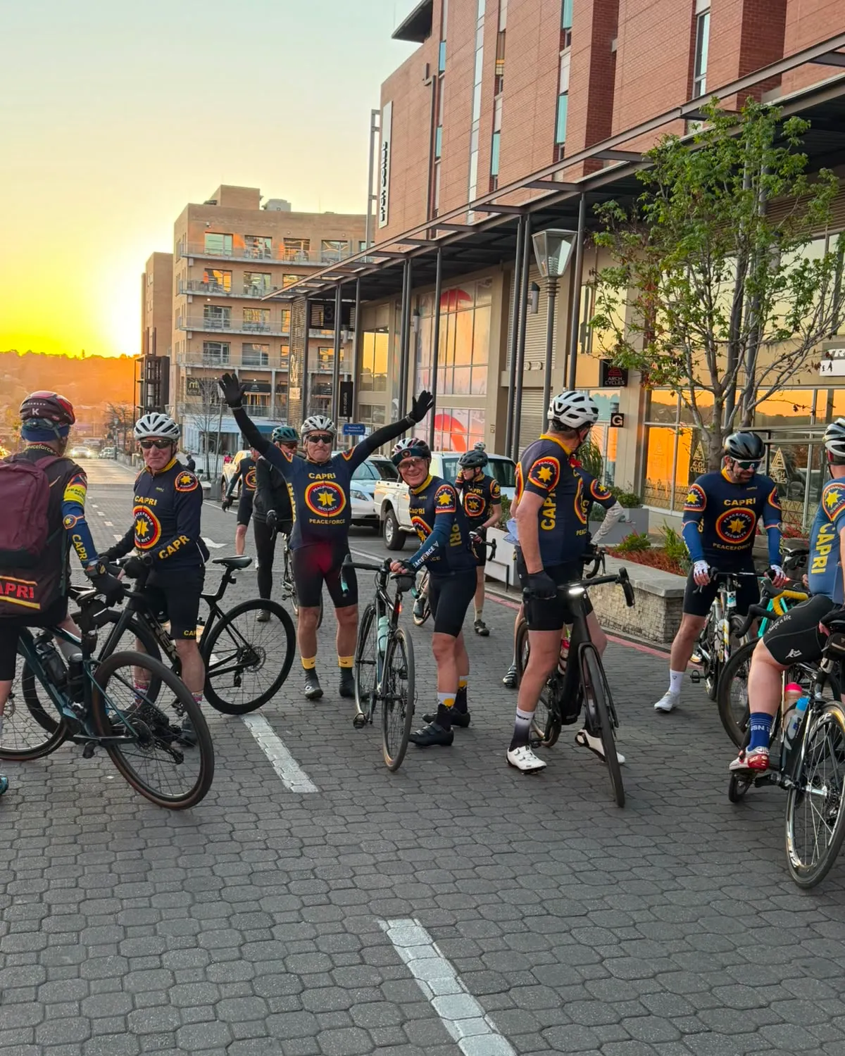 Riders of the cycling community gathered with their bicycles at Melrose Arch at sunrise, before a Sunday ride